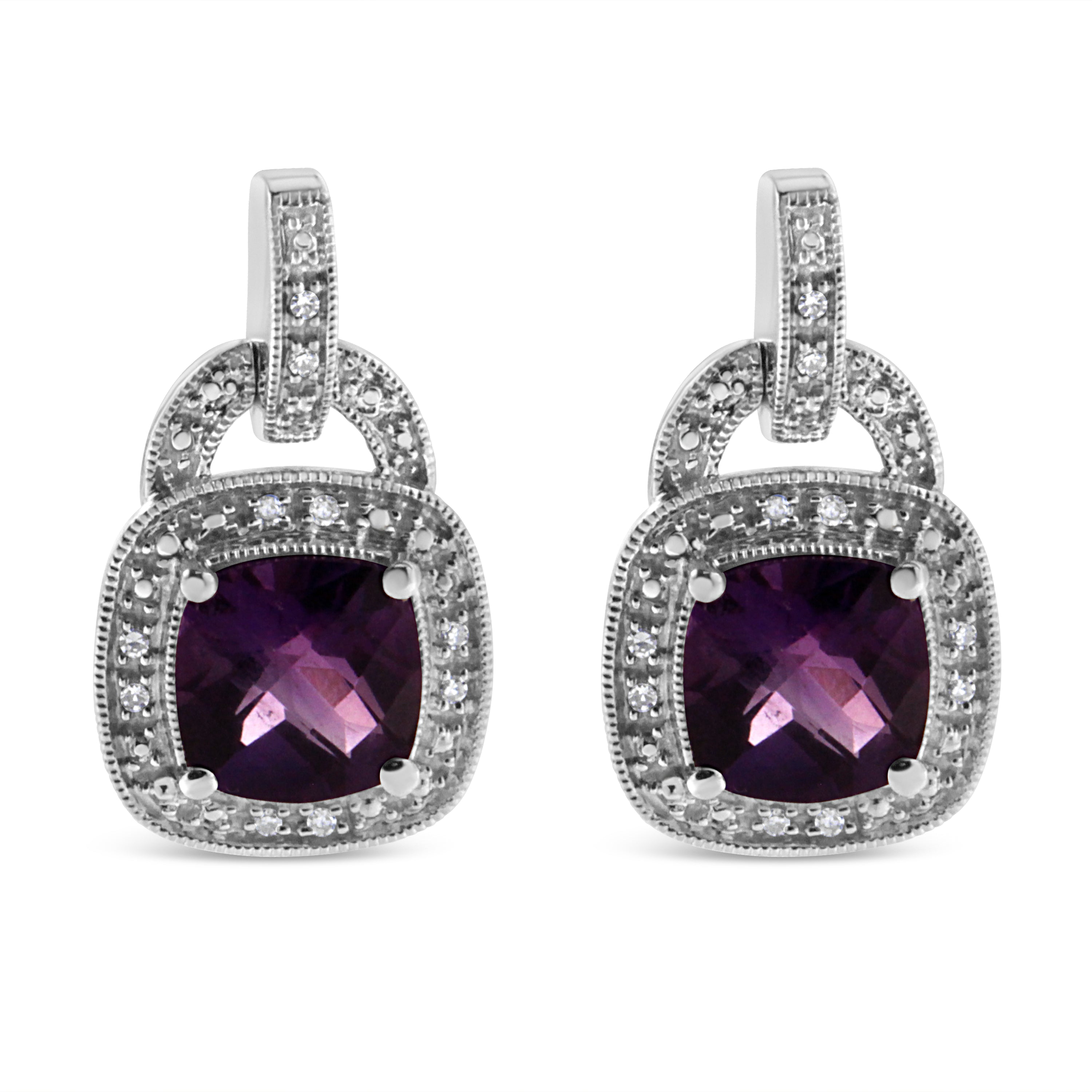 .925 Sterling Silver 8MM Natural Cushion Shaped Amethyst and Diamond