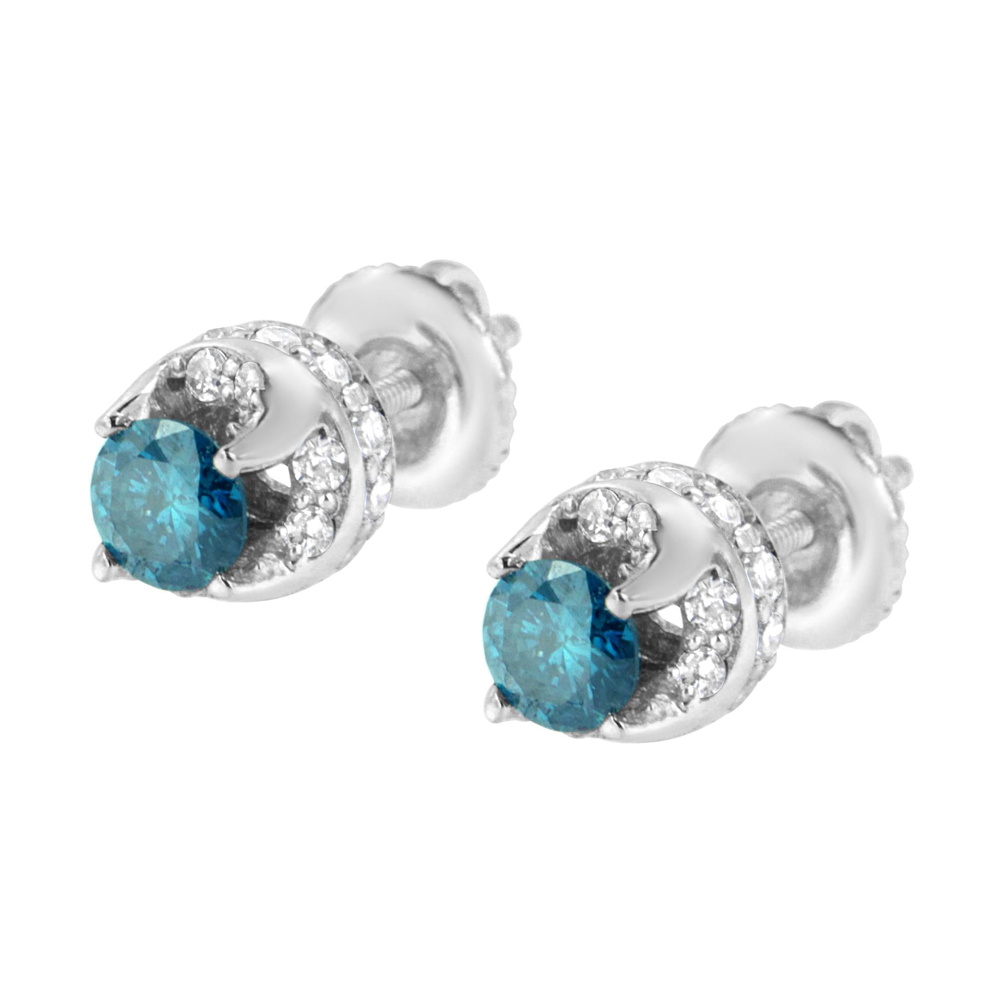14K White Gold 1.00 Cttw Treated Blue and White Diamond Hidden Halo