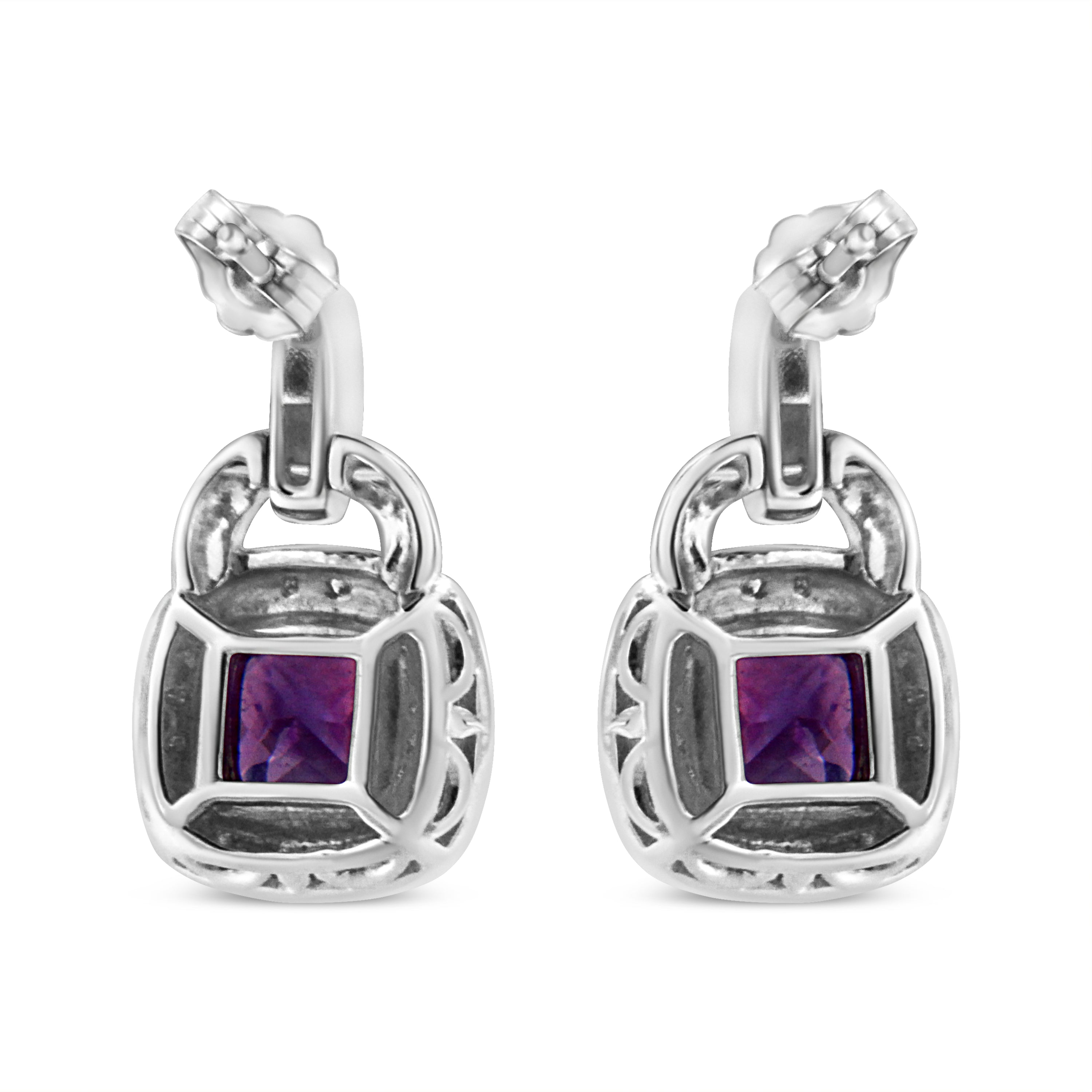 .925 Sterling Silver 8MM Natural Cushion Shaped Amethyst and Diamond
