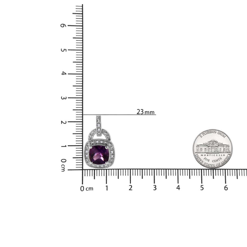 .925 Sterling Silver 8MM Natural Cushion Shaped Amethyst and Diamond